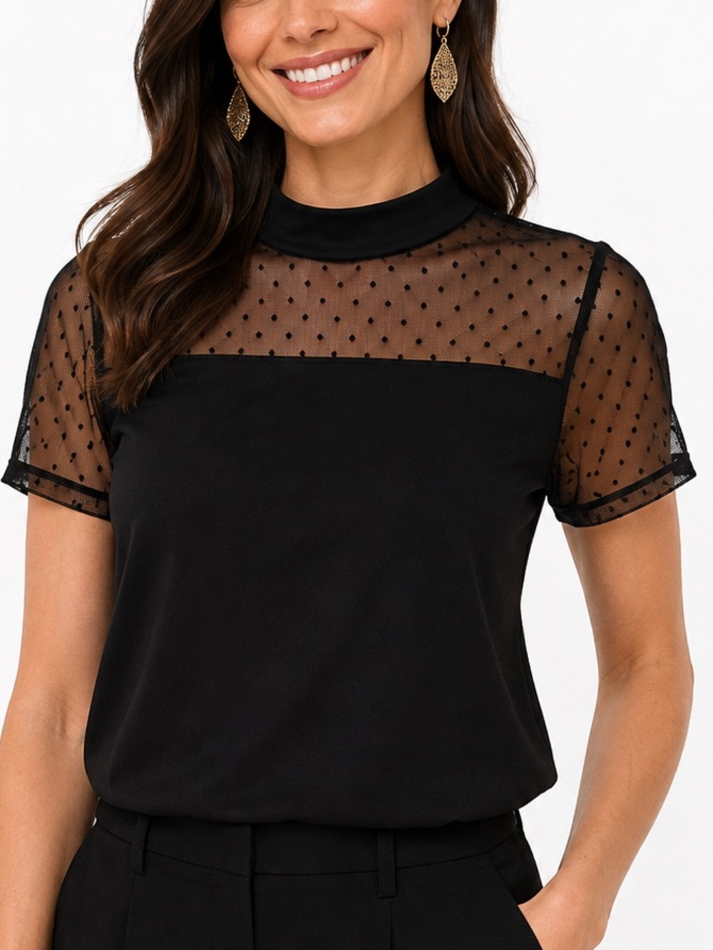 Midnight Hour Black Swiss Dot Mesh Mock Neck Short Sleeve Top Size Small